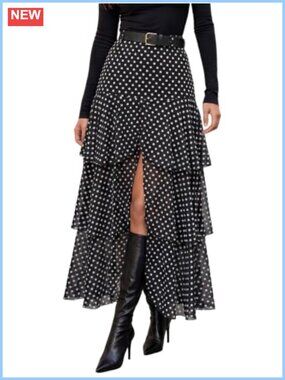 High Waist Tiered Maxi Skirt Plaid Front Slit Flowy Long Skirt